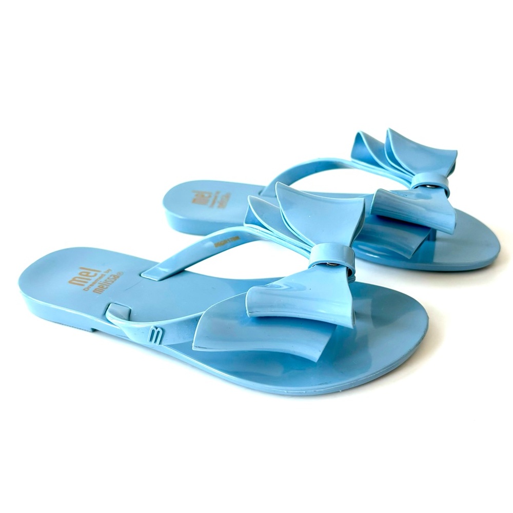 Mini Melissa Bow Jelly Sandals Blue Girls Toddler Flip Flops Glossy Waterproof - Picture 2 of 7